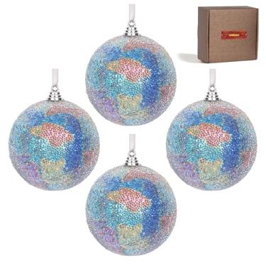 Imagem de Decorações de árvore de Natal feitas à mão azul místico, 4 peças de enfeites de bola de 8 cm com detalhes transparentes de mini contas, decoração de casa e festa iridescente sonhadora pronta para
