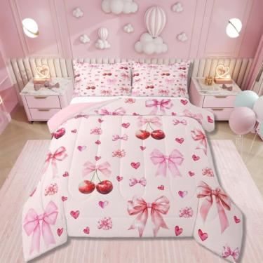 Imagem de Erosebridal Jogo de cama com laço de cereja para meninas, edredom de coquete, laço de fita rosa, para cama kawaii, estilo princesa, romântico, laço, colcha, decoração de quarto kawaii