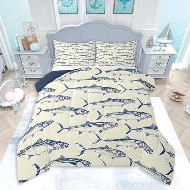 Imagem de Feelyou Conjunto de edredom vintage de peixe casal, para meninos e meninas, decoração de quarto, 3 peças, 1 edredom + 2 fronhas