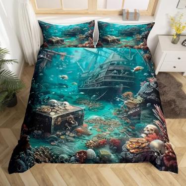 Imagem de Erosebridal Jogo de cama queen navio pirata, capa de edredom náutico para decoração de quarto de meninos, adolescentes, crianças, conjunto de cama de veleiro azul-petróleo oceano marinho com 2 fronhas