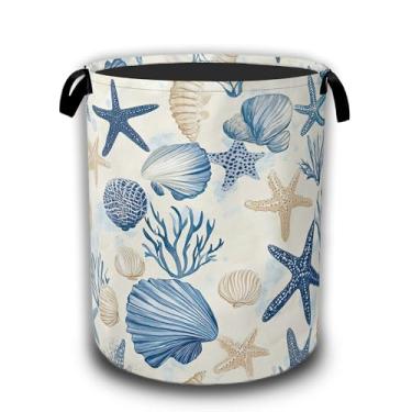 Imagem de Cesta de roupa suja de praia costeira, concha estrela do mar, coral, cesto de roupa à prova d'água, bolsa de pano Oxford, dobrável, balde de armazenamento de roupas, organizador de brinquedos