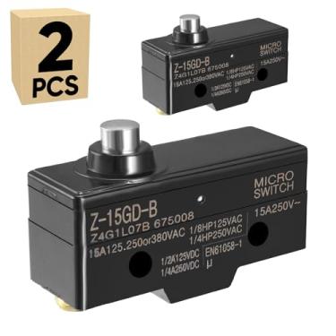Imagem de Pacote com 2 microinterruptores de limite com alavanca de botão de pressão de palheta curta 15A 250V 1NO 1NC Interruptor de ação básica montagem em painel terminal de parafuso tipo botão de pressão