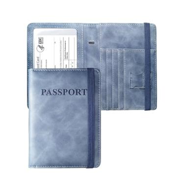 Imagem de Mymazn Combo porta-cartão de passaporte e vacina, carteira de viagem com porta-cartão de vacinação, capa para passaporte com bloqueio RFID, Rosa antigo, Minimalista