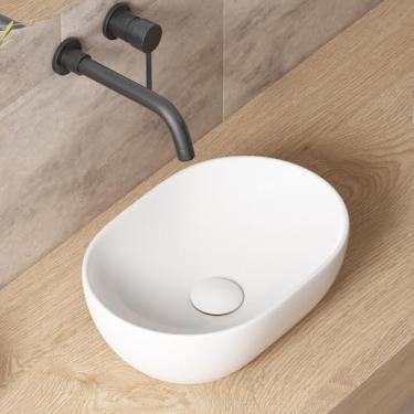 Imagem de Pia de vaso de banheiro pequena, OCEALAGOON 38 x 25 tigelas ovais para pia de banheiro acima do balcão, pia de vaso de cerâmica branca de porcelana para banheiro, pia de bancada moderna, lavatório de