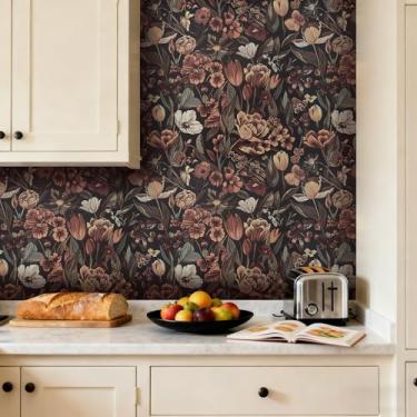 Imagem de AbaBoorty Papel de parede floral vintage rosa silvestre de 44,5 cm x 299,7 cm, papel de parede floral escuro para paredes de quarto, vinil autoadesivo, folhas verdes, papel de contato para armário de