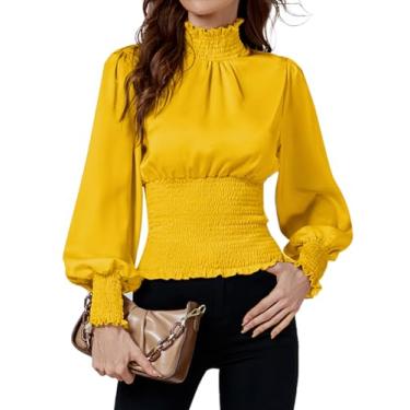 Imagem de LYANER Blusa feminina de manga comprida franzida com babados e gola redonda, Amarelo, XG