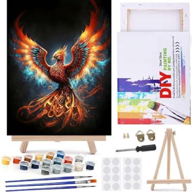 Imagem de MaiMMaledy Kit de pintura por números para adultos iniciantes, imagens em tela com desenho emoldurado, pigmento acrílico com cavalete triangular de madeira, fênix de fogo colorida, 20 x 30 cm C C
