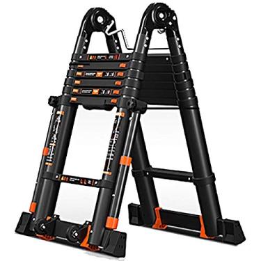 Imagem de OKUOKA Escadas, escada de extensão telescópica de alumínio, capacidade máxima de 150 kg, estrutura A, leve, portátil, multiuso, degrau dobrável com barra de suporte antiderrapante/3 m + 3,3 m