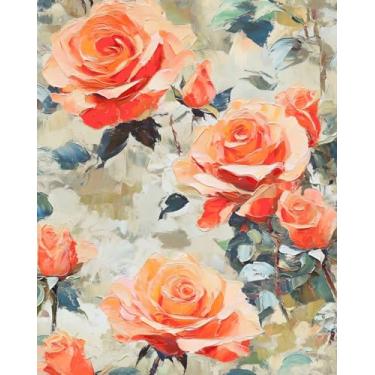 Imagem de BOKEBEVE Papel de parede floral em aquarela brilhante, papel de parede com flores vibrantes, colar e descascar, papel de contato laranja colorido para quarto, armário removível, adequado para