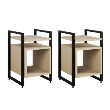 Imagem de Kit 2 Mesas De Cabeceira Industrial Marrocos Ferro Preto E Tampo Off-white