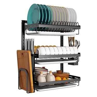 Imagem de BSNANCA Escorredor de pratos de cozinha 3 camadas montado na parede escorredor de pratos de cozinha rack de armazenamento de talheres de aço inoxidável 304 preto 41,2 * 26,6 * 55,5 cm forte e