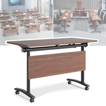 Imagem de ZDJZMGZ Mesa de conferência dobrável, 2 mesas grandes de sala de conferência para 10 pessoas, mesas de treinamento modernas com rodas silenciosas, para sala de reuniões de escritório (marrom, 1)