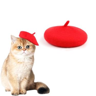 Imagem de Chapéu de boina de lã para animais de estimação, gato, cachorro, engraçado, artista, chapéu de boina de lã, acessórios modernos para festa de aniversário de inverno (vermelho)
