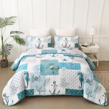 Imagem de Djoymock Conjunto de colcha king size, conjunto de colcha oceânica, 3 peças, microfibra leve, náutica, praia, litoral, para todas as estações, 244 cm x 228 cm (inclui 1 colcha, 2 fronhas)