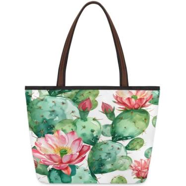 Imagem de Sacola grande feminina de tecido retrô de flor de cacto com zíper, reutilizável, bolsa de mão, casual, para viagem, trabalho, férias, praia, compras, academia, presentes