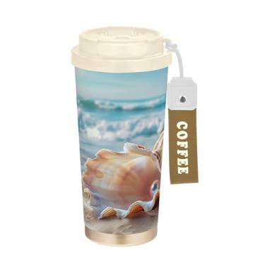 Imagem de SEHANY Caneca de viagem Summer Sea Beach Starfish 482 g Copos de café reutilizáveis revestidos de cerâmica com tampa à prova de vazamento, parede dupla, isolamento a vácuo, copo de café de aço