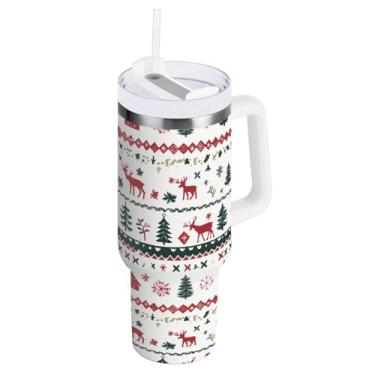 Imagem de Blueangle Copo de veado de Natal de 1,134 g com alça e tampa de palha, copo isolado reutilizável de aço inoxidável garrafa de água caneca de viagem (920)