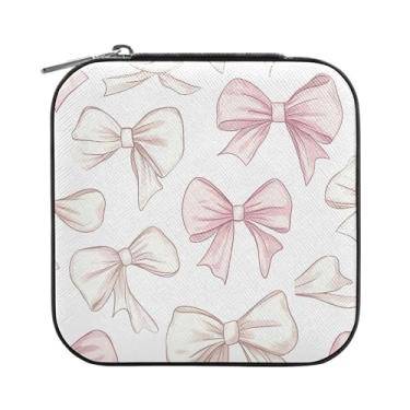 Imagem de SEHANY Caixa de joias personalizada com laço rosa para mulheres, meninas, mini estojo de joias de couro PU, organizador de joias de viagem, caixa de joias para brincos, anéis, colares, presentes para