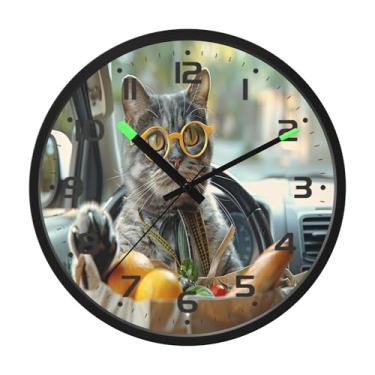 Imagem de SEHANY Relógio de parede engraçado para dirigir gato, silencioso, sem tique-taque, operado por bateria, controle de som, luz noturna, relógios de parede para sala de estar, cozinha, quarto, escritório