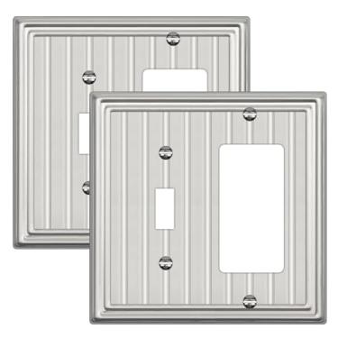 Imagem de Placa de parede de metal para tomadas elétricas, placas decorativas de níquel escovado, capa de interruptor de luz, placas de parede de 2 gangs (tobo/decorador, pacote com 2)