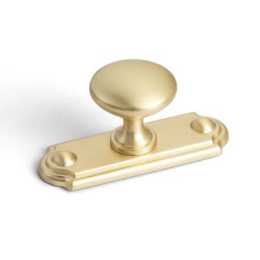 Imagem de Goo-Ki Pacote com 6 maçanetas de armário de latão escovado com placa traseira, ferragens de cozinha de liga de zinco - Puxadores modernos de gaveta de parafuso único/furo com espaçador/placa de base