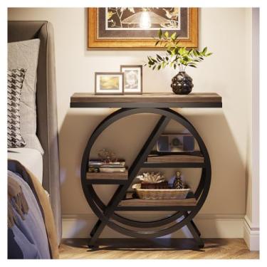 Imagem de SPXMQSS Mesa lateral de madeira estreita de 3 camadas, mesa lateral de cama para mesa de cabeceira de quarto com prateleiras de armazenamento e moldura de metal para sala de estar, quarto, escritório