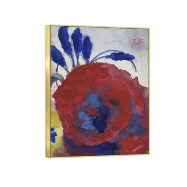 Imagem de BMZFYBS Pintura de arte de parede de flores - imagem de decoração vintage - flores vermelhas azuis amarelas - impressões em tela moldura dourada para sala de estar 50 x 65 cm 20 x 26 pol