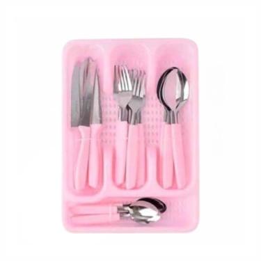 Imagem de Conjunto de Talheres Palmas 25 Peças com Organizador, Rosa, Aço Inoxidável, 6 Facas 6 Garfos 6 Colheres de Mesa 6 Colheres de Sobremesa, Porta Talher Incluído