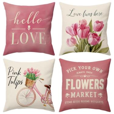 Imagem de Capas de almofada de primavera Dia das Mães 45,7 x 45,7 cm, conjunto de 4 fronhas de almofada de flor floral rosa, decoração para sofá e sala de estar