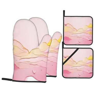 Imagem de Conjunto de luvas de cozimento de cozinha com glitter sintético dourado com suportes de tampa, luvas de forno resistentes ao calor para lidar com panelas quentes, grelhar, churrascos, kit de 4 peças.