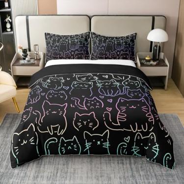 Imagem de Erosebridal Jogo de cama de gato 100% algodão, tamanho solteiro, adorável capa de edredom com desenho animado para crianças, meninos, meninas, figura de palito de coração, arco-íris, preto, verde