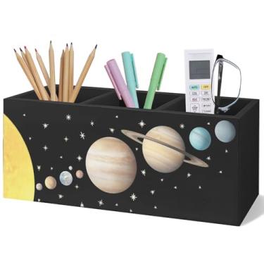 Imagem de Yhtrg Presente para decoração de quarto com tema de espaço negro para crianças, homens, suporte de lápis de madeira para mesa, suporte de escova de dentes de madeira do sistema solar, organizador de