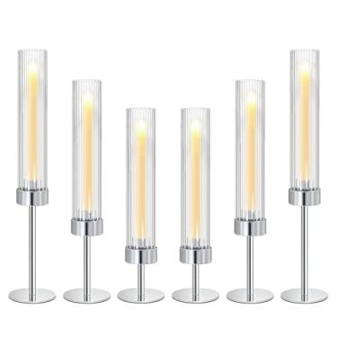 Imagem de Conjunto de 3 castiçais cônicos de metal e acrílico com design canelado - candelabro cilíndrico transparente para casamento, Natal, festa, mesa de jantar decoração de centro de mesa (prata, conjunto