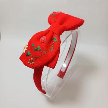 Imagem de Tiara coberta em linho puro com laço bordado a mão com desenhos de rosas, margaridas e folhagens (vermelha)