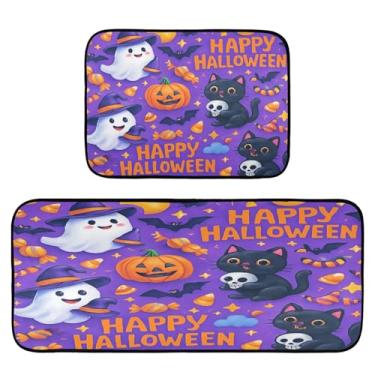 Imagem de STAYTOP Conjunto de 2 tapetes de cozinha pretos de gato e abóbora de Halloween, tapetes de cozinha e tapetes de porta para festas de fim de ano, casa de fazenda rural, tapete para casa e cozinha