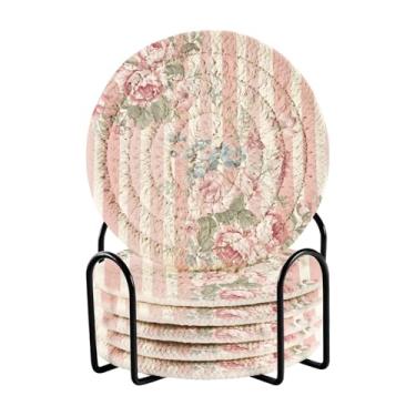 Imagem de Qilmy Conjunto de 6 peças para copos de flores listradas bonitas ou porta-copos de bar para bebidas, porta-copos de fazenda ou porta-copos de mesa rústicos, porta-copos modernos de algodão para o