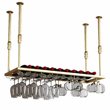 Imagem de Prateleiras de vinho vintage, suporte de vinho de teto com altura ajustável, suporte para copos de vinho de ferro montado na parede, suporte para copos de vinho para bares, restaurantes, prateleira de