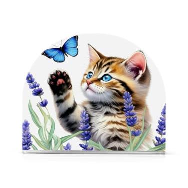 Imagem de Qilmy Suporte de guardanapo, gato fofo e borboleta azul porta-guardanapos de acrílico transparente para mesa, suporte de guardanapo de coquetel de papel de seda para cozinha, dispensador de
