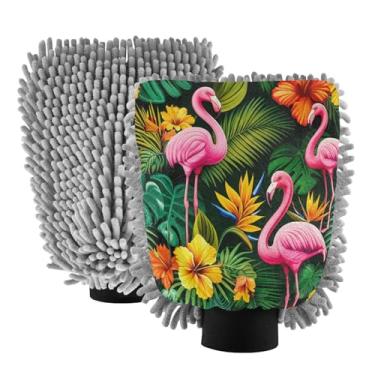 Imagem de STAYTOP Luvas de lavagem de carro flamingos e folhas de palmeira, 2 peças, luvas de microfibra de chenille, sem arranhões, panos de esponja de lavagem ultra absorventes para carros, limpeza doméstica