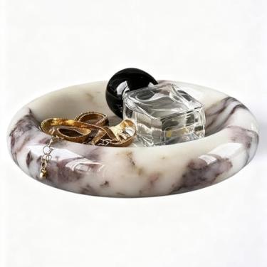 Imagem de EXCHUES Bandeja de mármore – 12,7 cm para decoração de joias e vaidade, bandeja de pedra natural para bancada de cozinha, bugiganga pequena e organizador de anéis para noivas e casa (calacatta viola