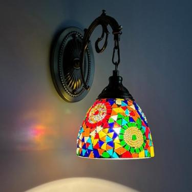 Imagem de Arandelas retrô estilo campestre Tiffany, luminária de parede vintage com base de metal antigo, luminária de cabeceira com base E27 e cúpula de vidro, decoração de parede com mosaico turco p
