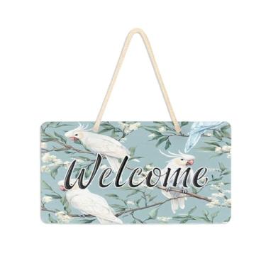 Imagem de Burbuja Placa de boas-vindas de cacatuas brancas para porta da frente, placa de boas-vindas de PVC para decoração de férias de casa de fazenda, 15 x 28 cm