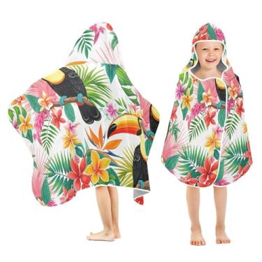 Imagem de Burbuja Toucans Toalha de banho com capuz flores tropicais para crianças, toalha de praia de pelúcia macia absorvente para meninas e meninos 3-10 anos, 61 x 127 cm