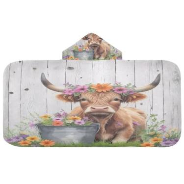 Imagem de Burbuja Toalha de banho com capuz de flor de vaca para crianças, toalha de praia de pelúcia macia absorvente para chá de meninas e meninos 3-10 anos, 61 x 127 cm
