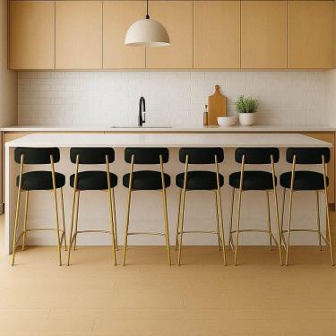 Imagem de Banqueta Cozinha Alta Com Encosto Industrial Dourado Kit 6 Londres Pu Preto D03 - D`rossi