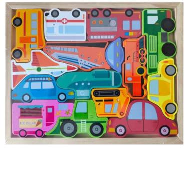 Imagem de Quebra-Cabeça 3D Infantil em Madeira – Brinquedo Educativo de Encaixe com Animais e Formas – Estimula Coordenação Motora, Criatividade, Concentração e Desenvolvimento Cognitivo (Carros)