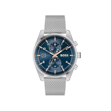 Imagem de BOSS Skytraveler Relógio de pulso masculino cronógrafo de aço inoxidável de 44 mm – Resistente à água até 5 ATM/50 metros, esportivo e sofisticado, Prata