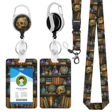 Imagem de IBOVODI Cordão de crânio para crachás de identificação, suporte de crachá engraçado com clipe retrátil para carretel, esqueleto gótico de Halloween, crachá, crachá, crachá, protetor de identidade