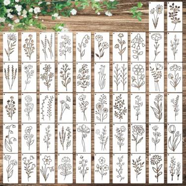Imagem de 52 peças de estênceis de pintura de flores, modelos de desenho de folhas de flores para artesanato, estênceis florais reutilizáveis de flores silvestres para pintura em tela, arte de parede, decoração