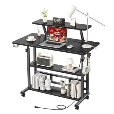 Imagem de Mesa de pé de altura ajustável com tomadas, mesa com suporte para monitor e prateleiras de armazenamento, mesa pequena para computador móvel de 80 cm, mesa portátil para laptop (preta com suporte para
